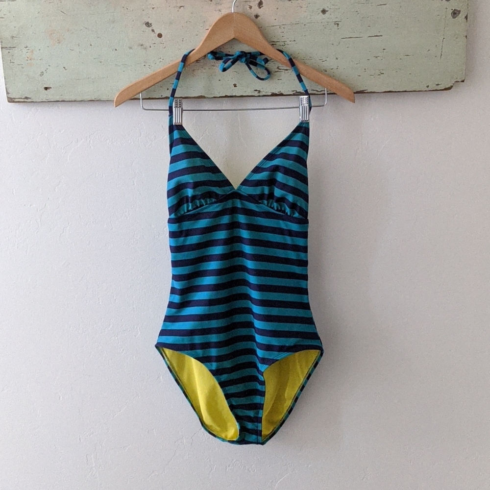 OLD NAVY I Navy & Teal Striped One-Piece Tie Halter Top Swimsuit, M